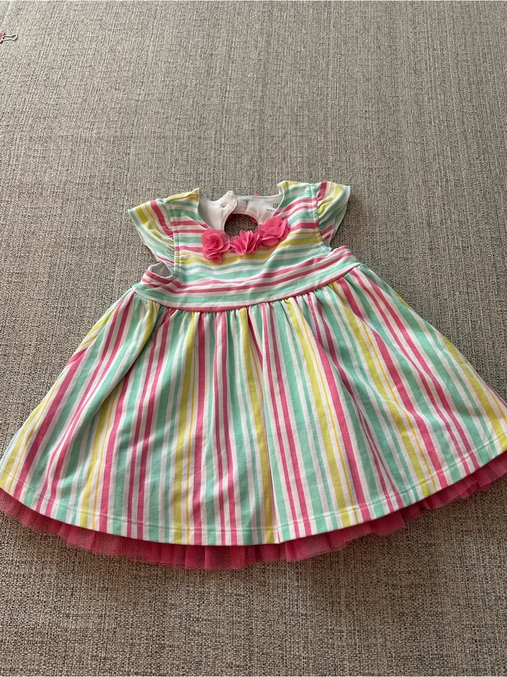 Little Me Striped Floral Accent Girls' Dress w Pink Tulle Petticoat Size 12M